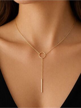 Gold Y Lariat Necklace Minimalist Circle Drop Pendant Dainty Layered
